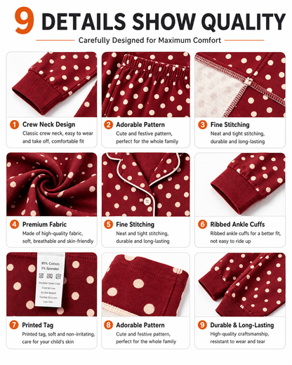 Construction details of burgundy polka dot matching family pajamas