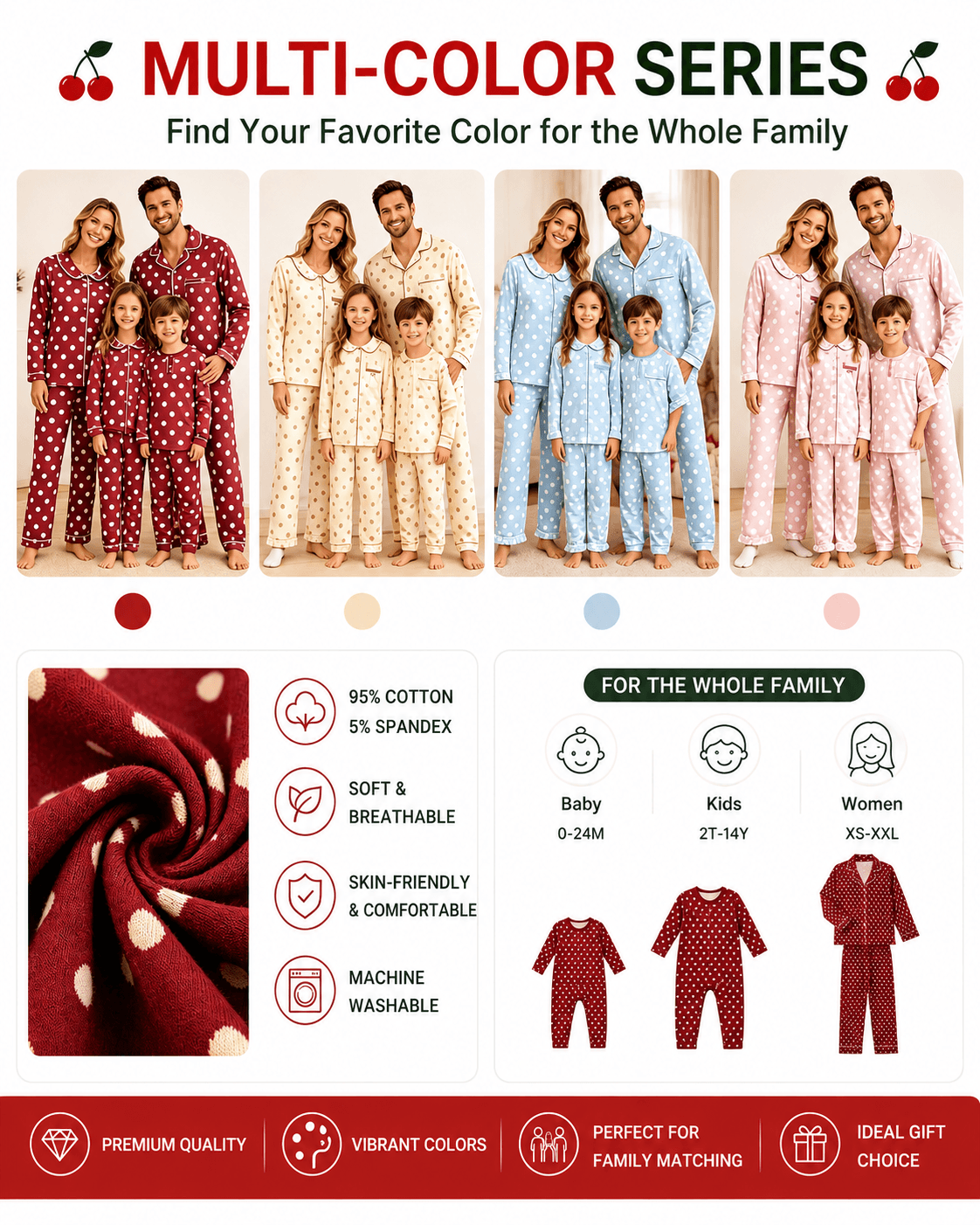 Matching family pajamas shown in burgundy, cream, light blue, and blush pink