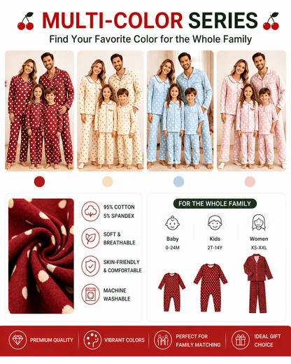 Matching family pajamas shown in burgundy, cream, light blue, and blush pink