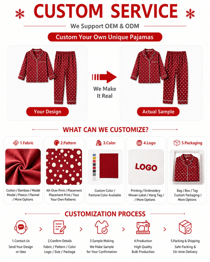 OEM and ODM customization options for family pajama fabric, pattern, color, logo, and packaging