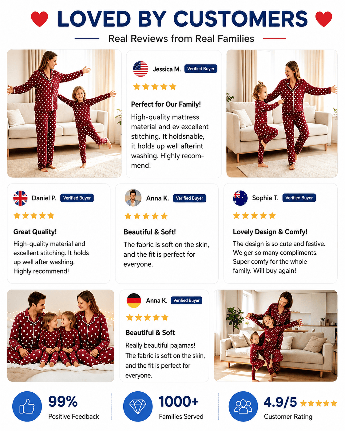 Customer reviews and family photos featuring burgundy polka dot matching pajamas