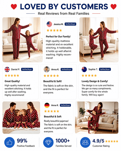 Customer reviews and family photos featuring burgundy polka dot matching pajamas