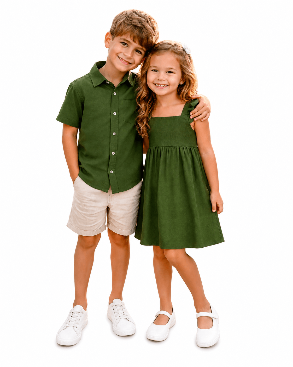 Boy and girl wearing olive green sibling matching outfits with shirt, shorts, and dress