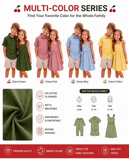 Boys’ shirt and girls’ dress sibling matching sets shown in multiple color options