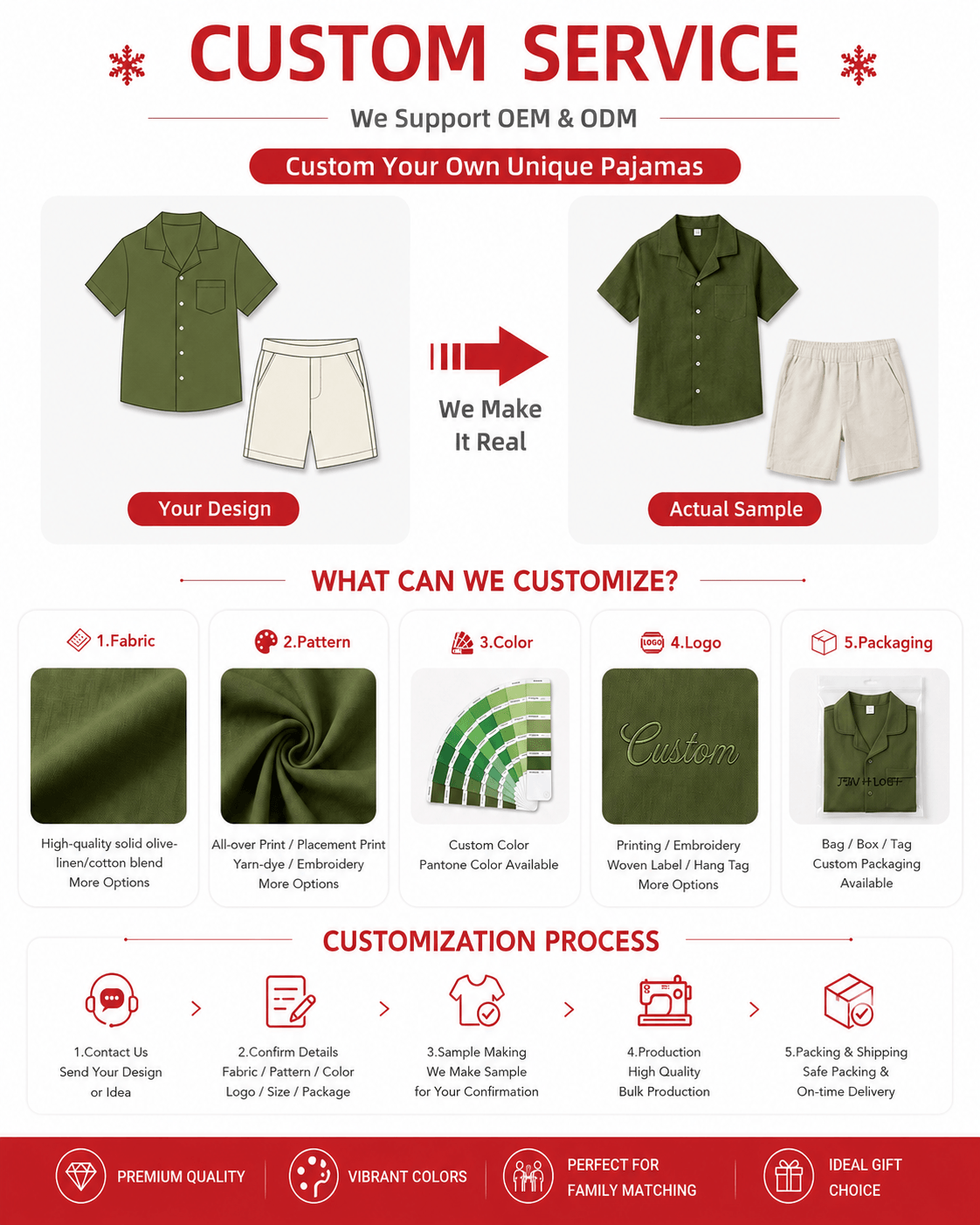 Customization options for sibling matching outfits including fabric, pattern, color, logo, and packaging
