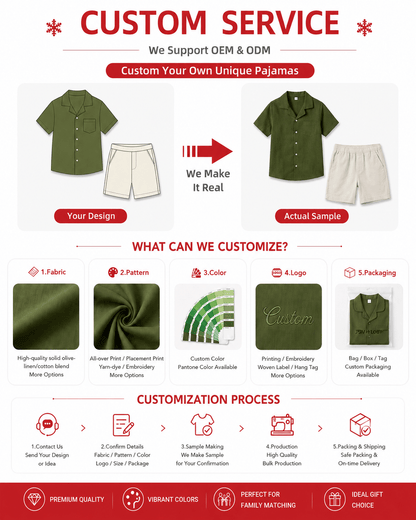 Customization options for sibling matching outfits including fabric, pattern, color, logo, and packaging