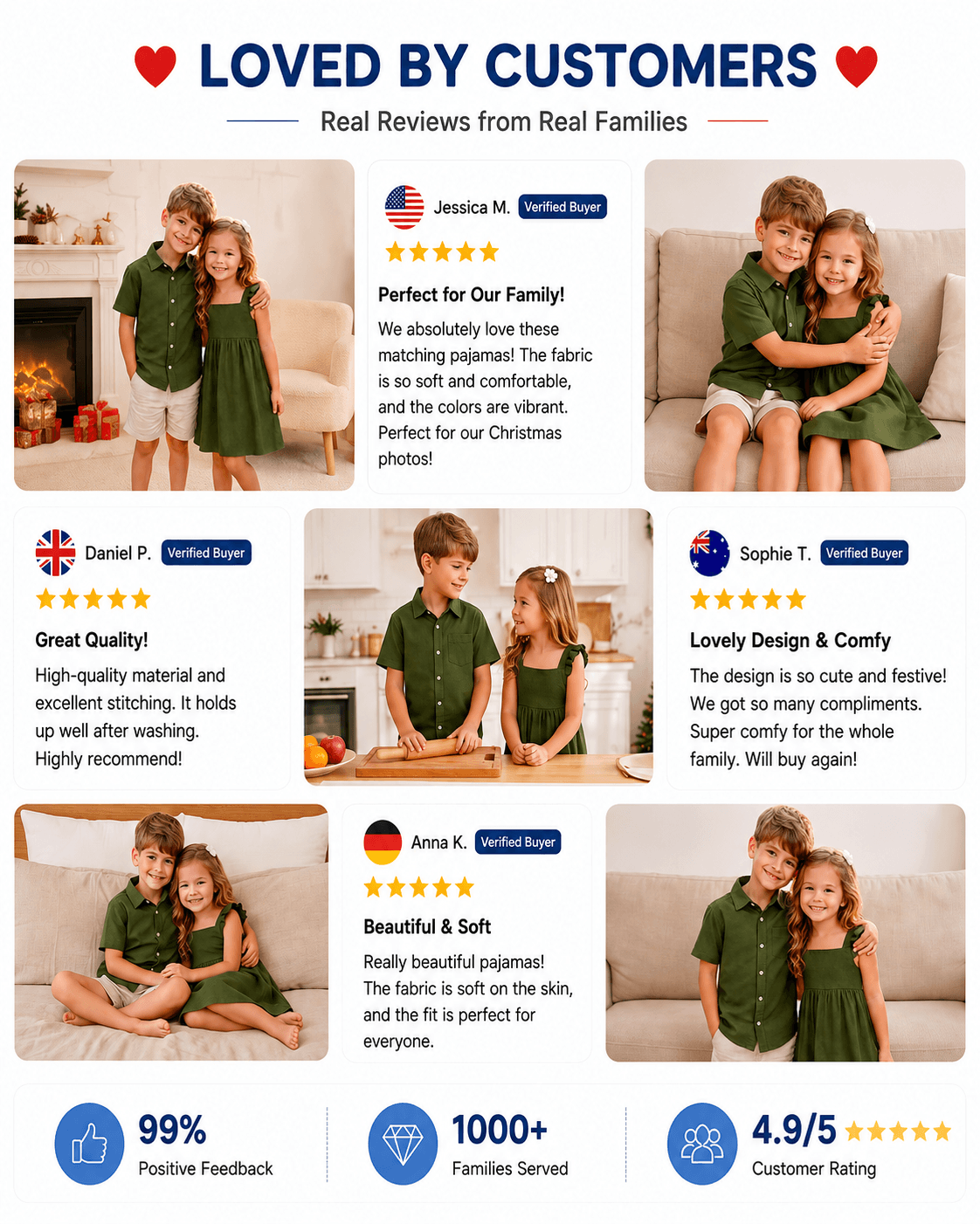 Customer reviews and photos featuring olive green sibling matching outfits