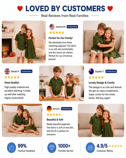 Customer reviews and photos featuring olive green sibling matching outfits