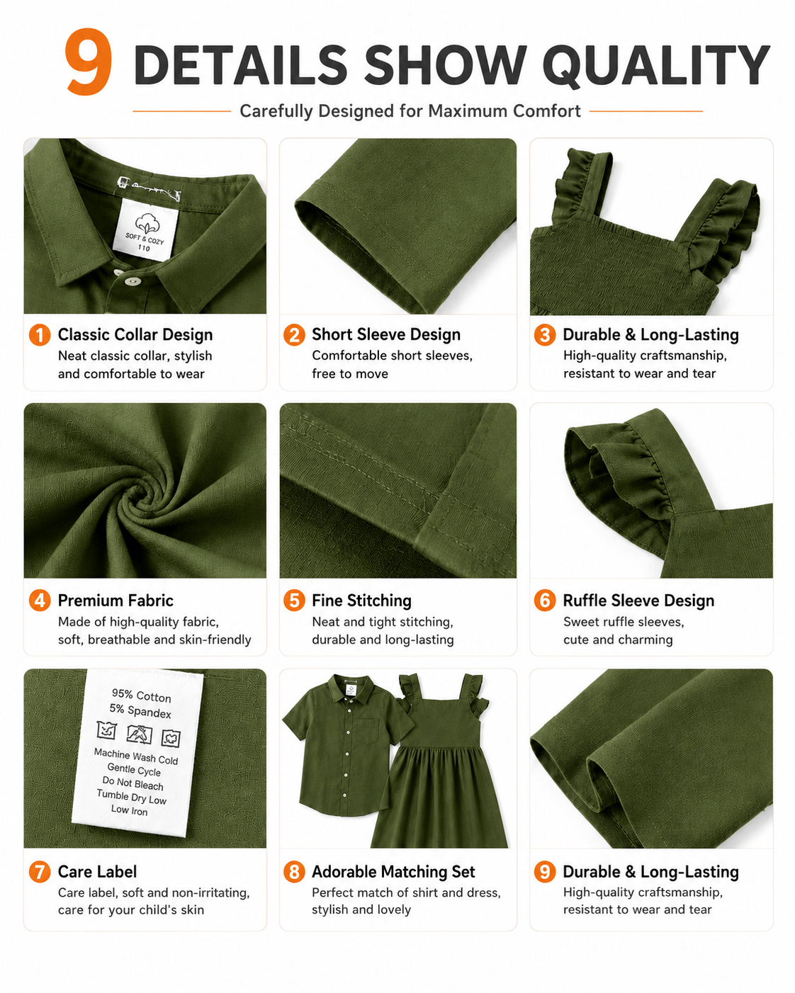 Construction details of olive green boys’ shirt and girls’ sibling matching dress