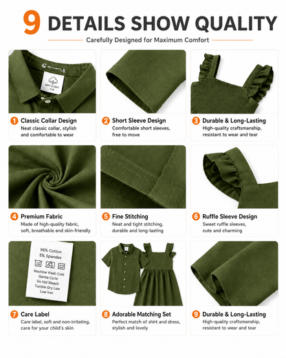 Construction details of olive green boys’ shirt and girls’ sibling matching dress