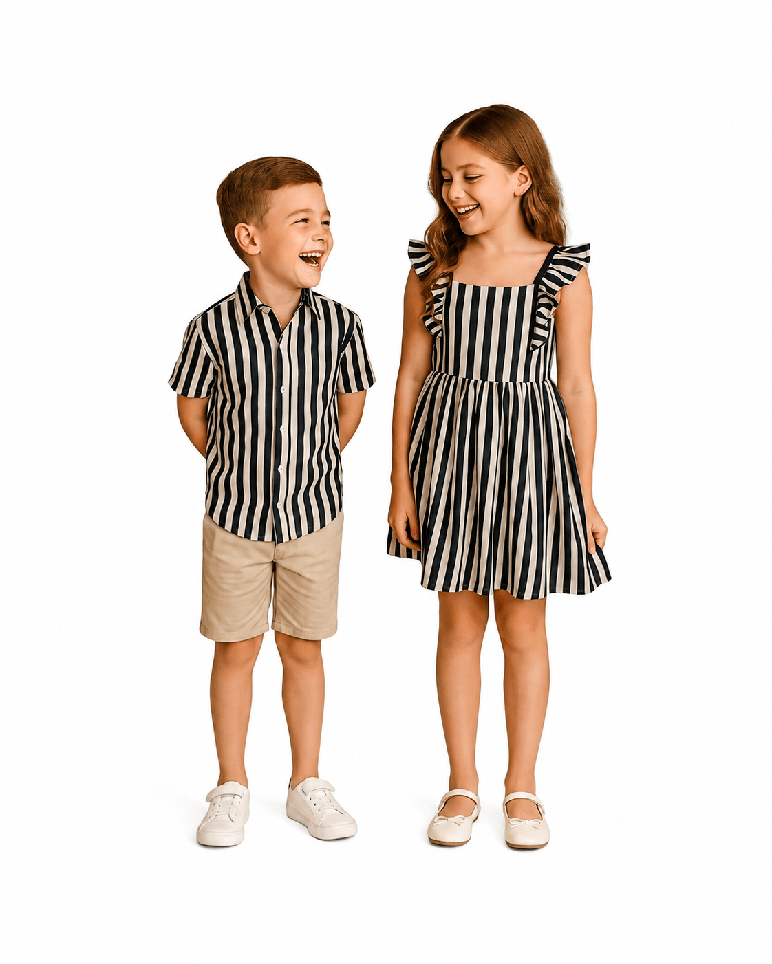 Boy and girl wearing black and white striped sibling matching outfits