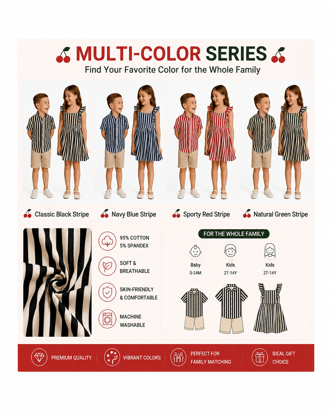 Boys’ shirt and girls’ dress sibling matching sets in multiple stripe color options
