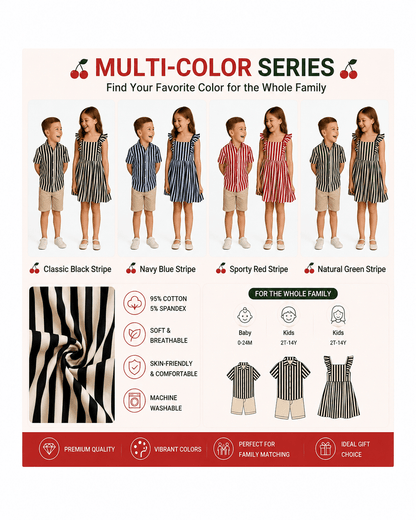 Boys’ shirt and girls’ dress sibling matching sets in multiple stripe color options