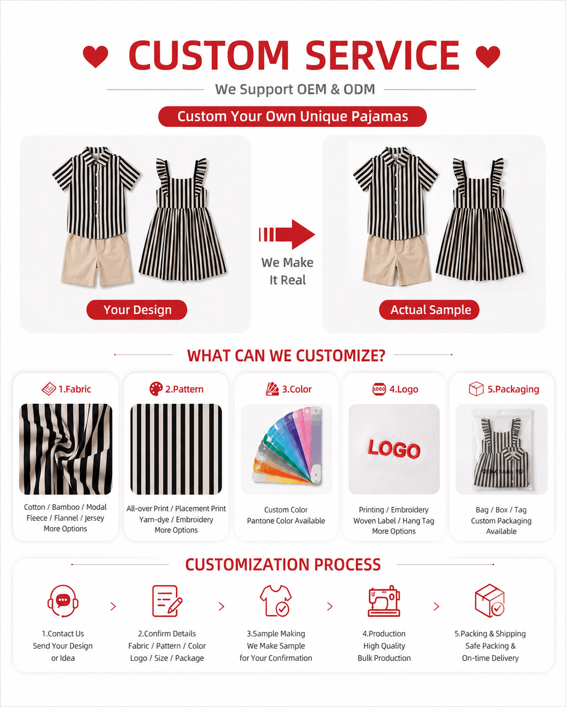 Customization options for striped sibling matching outfits including fabric, pattern, color, logo, label, and packaging