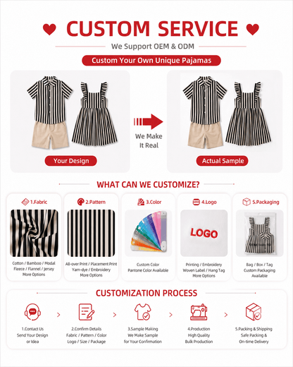 Customization options for striped sibling matching outfits including fabric, pattern, color, logo, label, and packaging