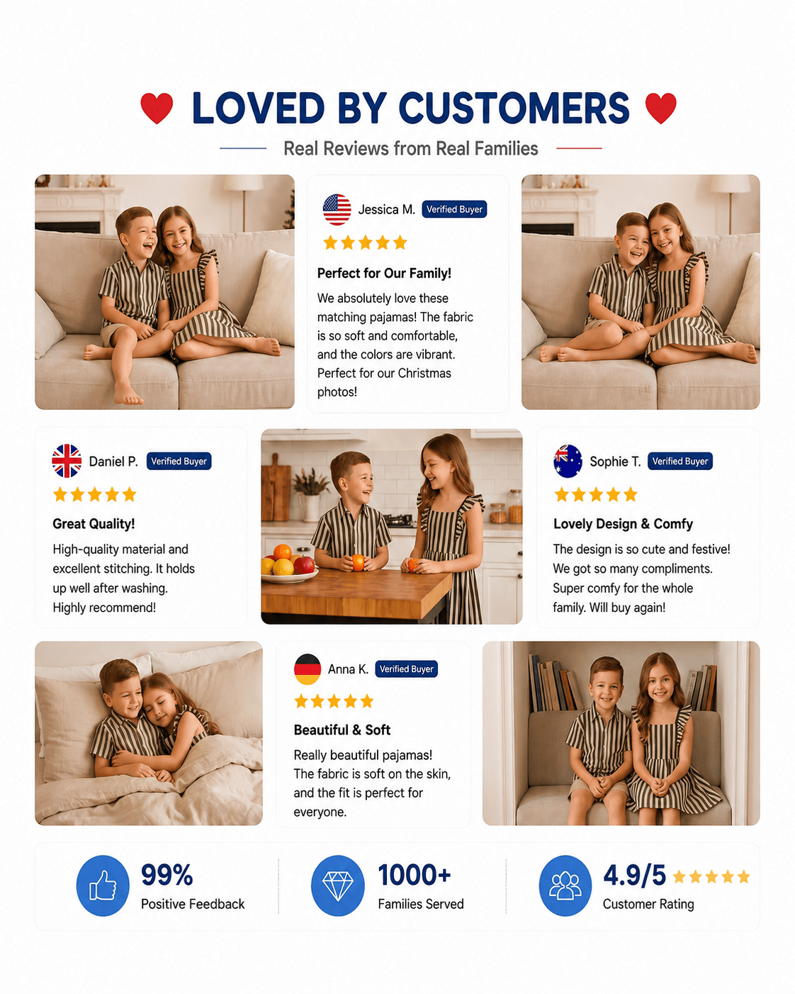 Customer reviews and photos featuring striped sibling matching outfits
