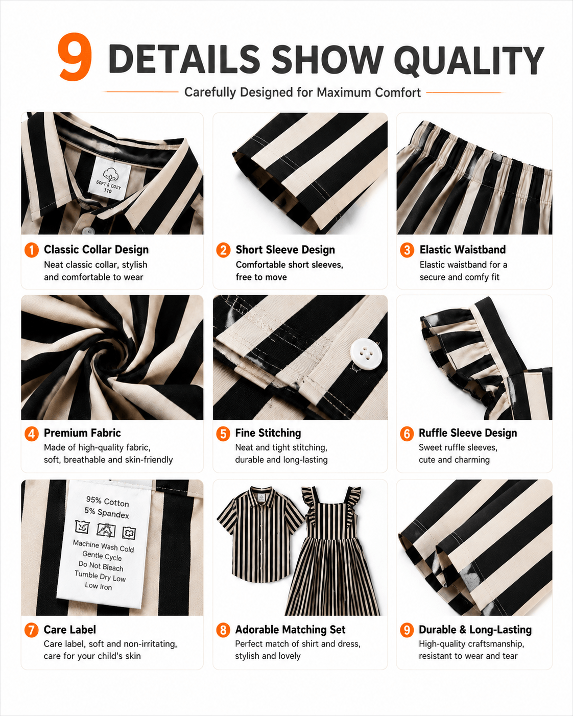 Construction details of black and white striped boys’ shirt and girls’ dress