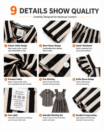 Construction details of black and white striped boys’ shirt and girls’ dress