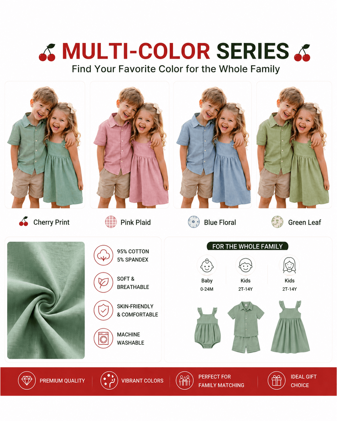 Boys’ shirt and girls’ dress sibling matching sets shown in multiple color options