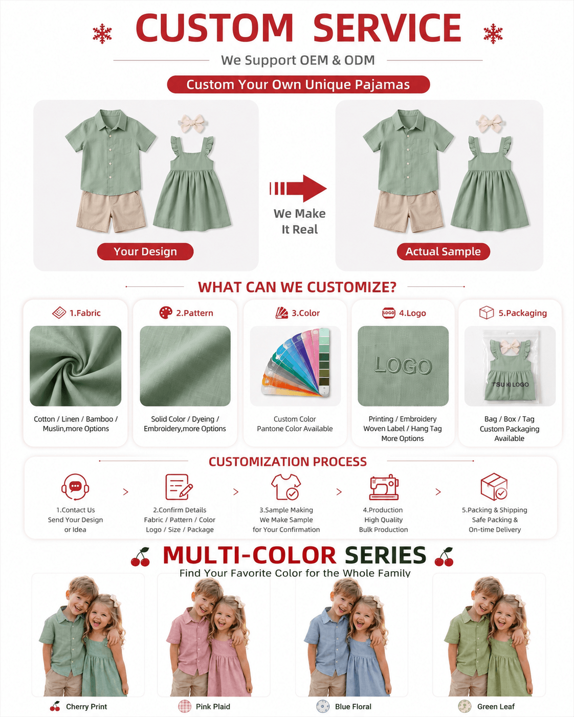 Customization options for sibling matching outfits including fabric, pattern, color, logo, label, and packaging