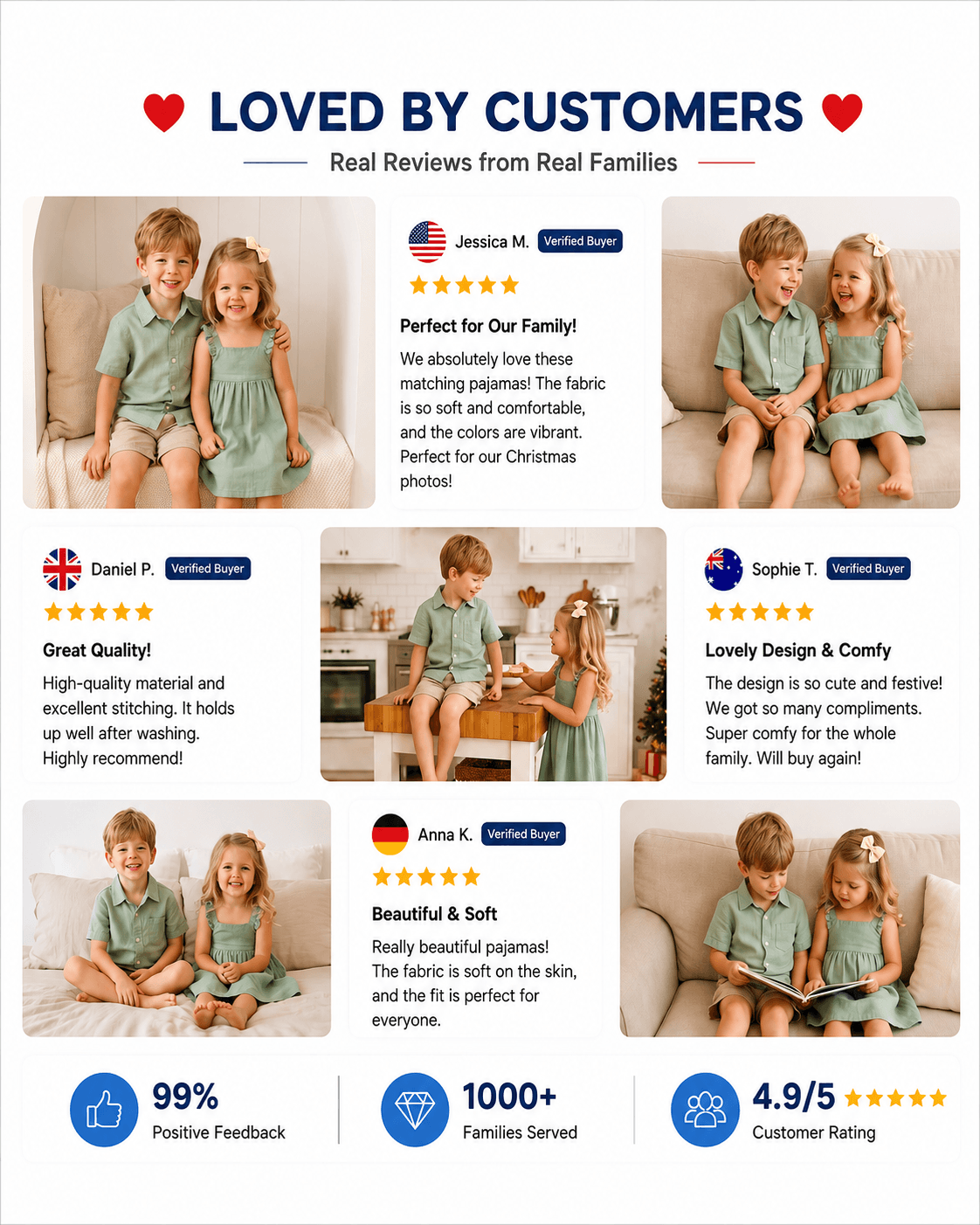 Customer reviews and photos featuring olive green sibling matching outfits