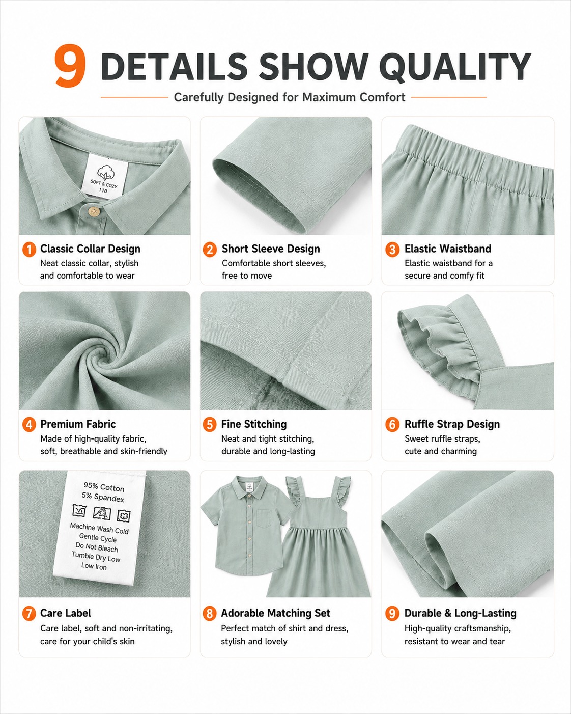 Construction details of olive green boys’ shirt and girls’ sibling matching dress