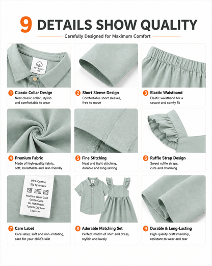 Construction details of olive green boys’ shirt and girls’ sibling matching dress