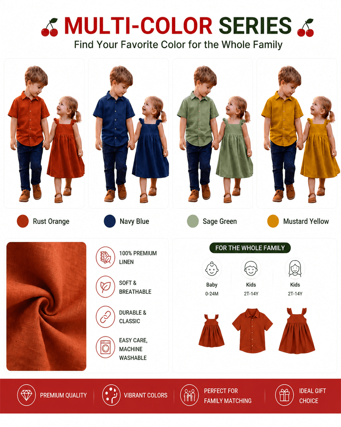 Sibling matching outfits in rust orange, navy blue, sage green, and mustard yellow