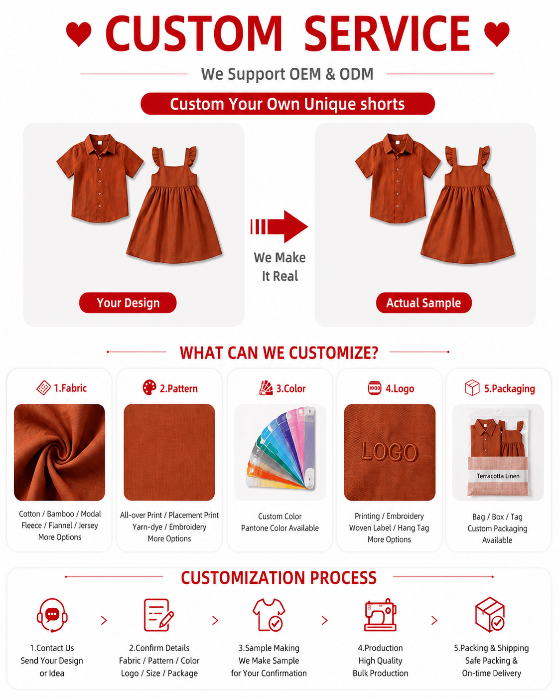 OEM and ODM customization options for boys’ shirt and girls’ dress matching set