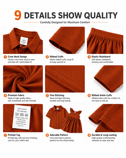 Construction details of rust orange boys’ shirt and girls’ sibling matching dress