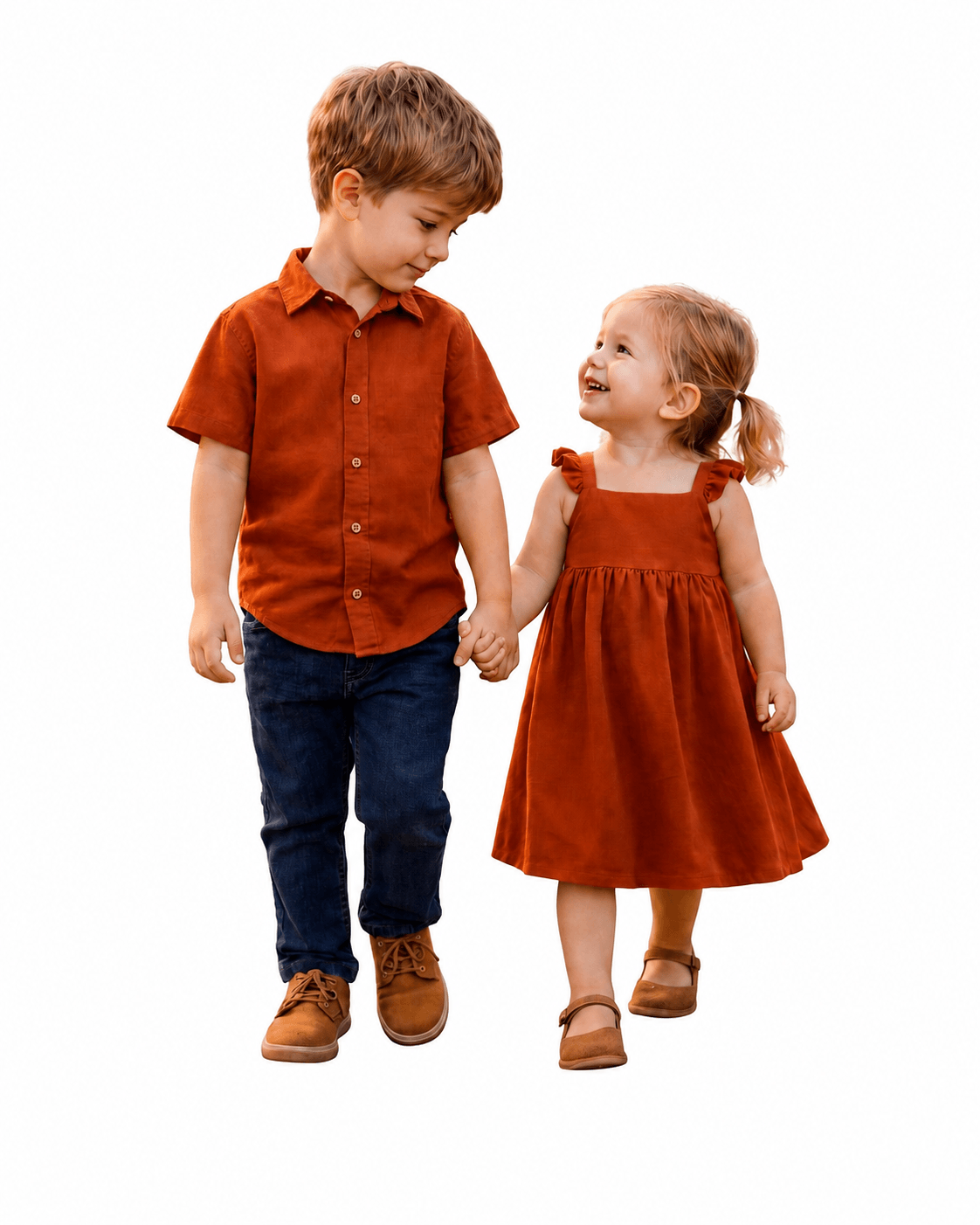 Boy in rust orange short-sleeve shirt and girl in matching ruffle-strap dress