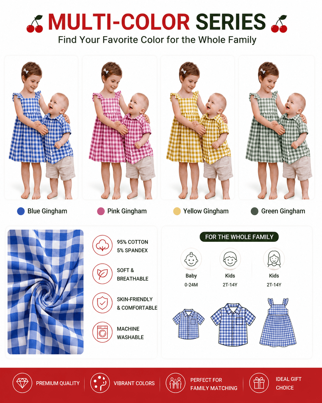 Blue, pink, yellow, and green gingham sibling matching outfit color options