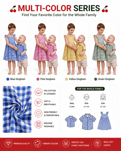 Blue, pink, yellow, and green gingham sibling matching outfit color options