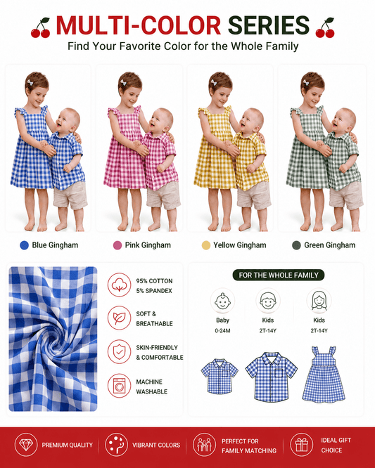 Blue, pink, yellow, and green gingham sibling matching outfit color options