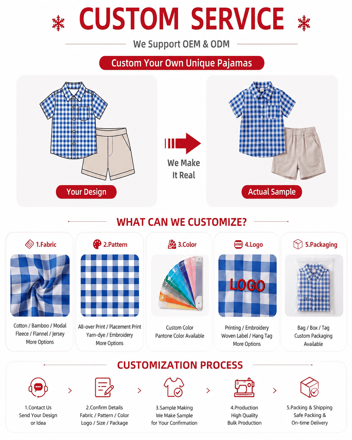 OEM and ODM customization options for blue gingham boys’ shirt and girls’ dress
