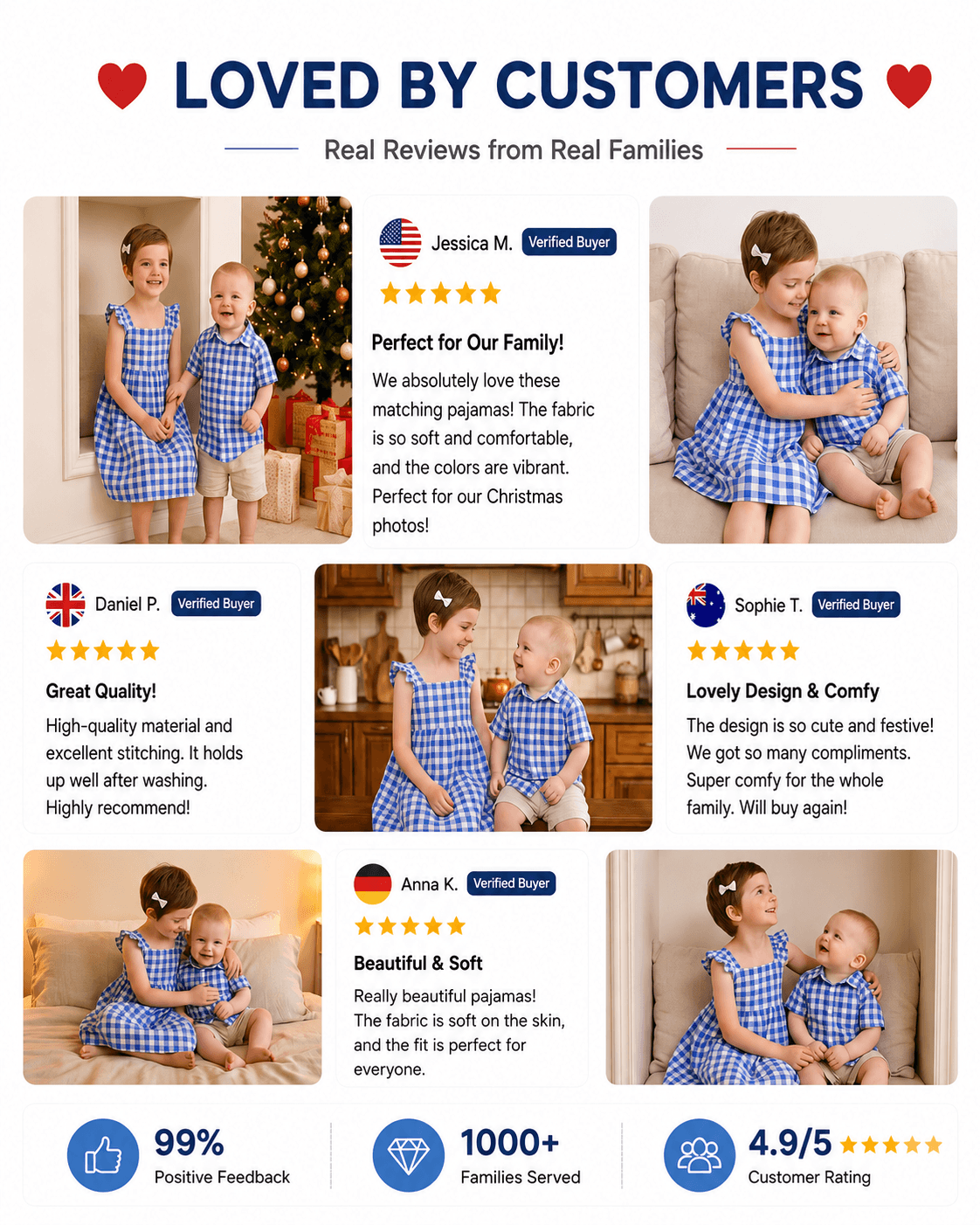 Customer review collage featuring blue gingham sibling matching outfits