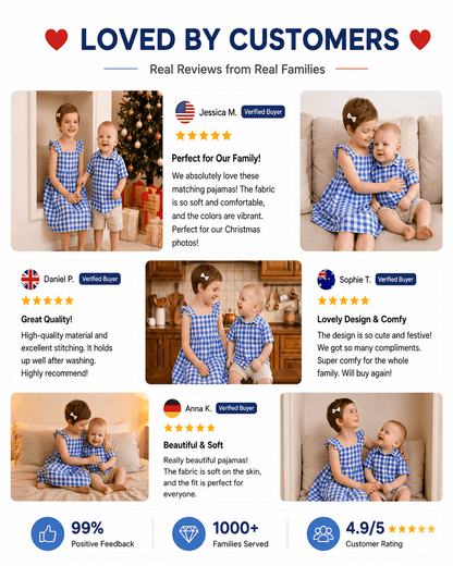 Customer review collage featuring blue gingham sibling matching outfits