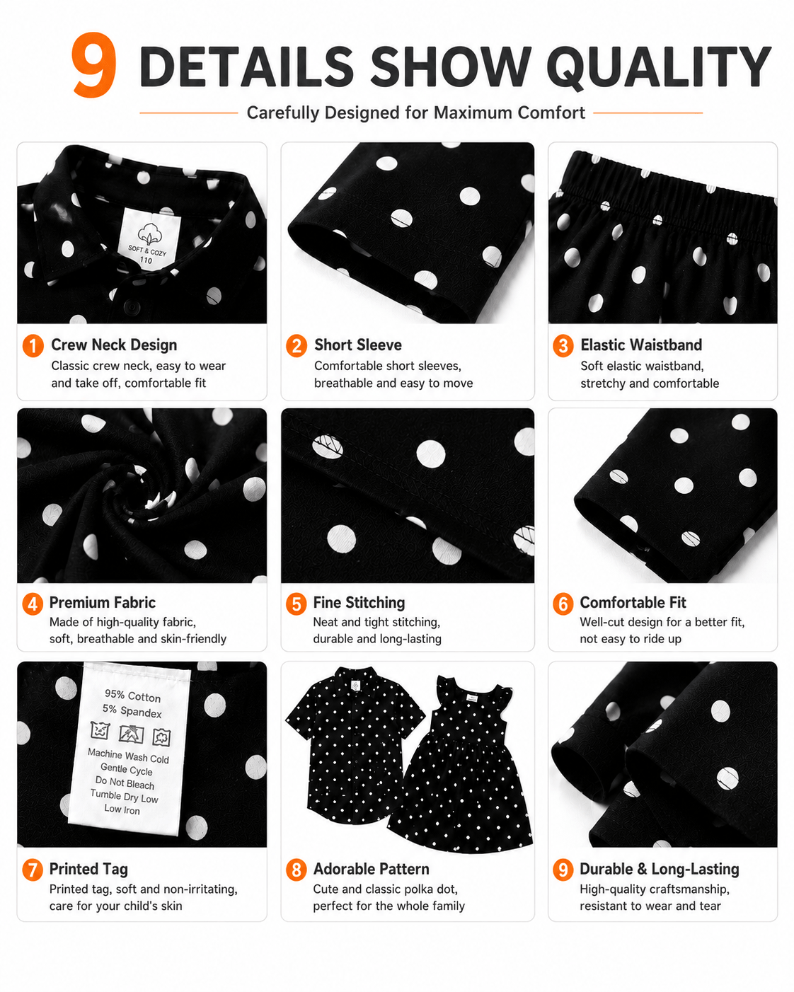 Construction details of black polka dot boys’ shirt and girls’ matching dress