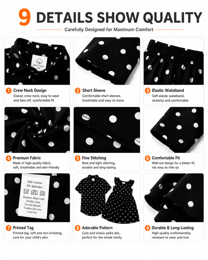Construction details of black polka dot boys’ shirt and girls’ matching dress