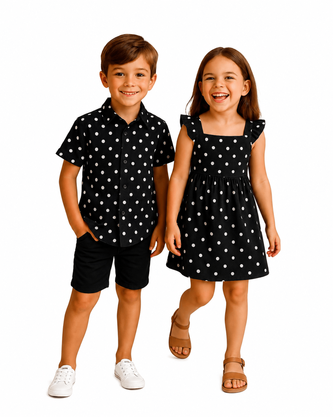 Boy and girl wearing black polka dot brother and sister matching outfits