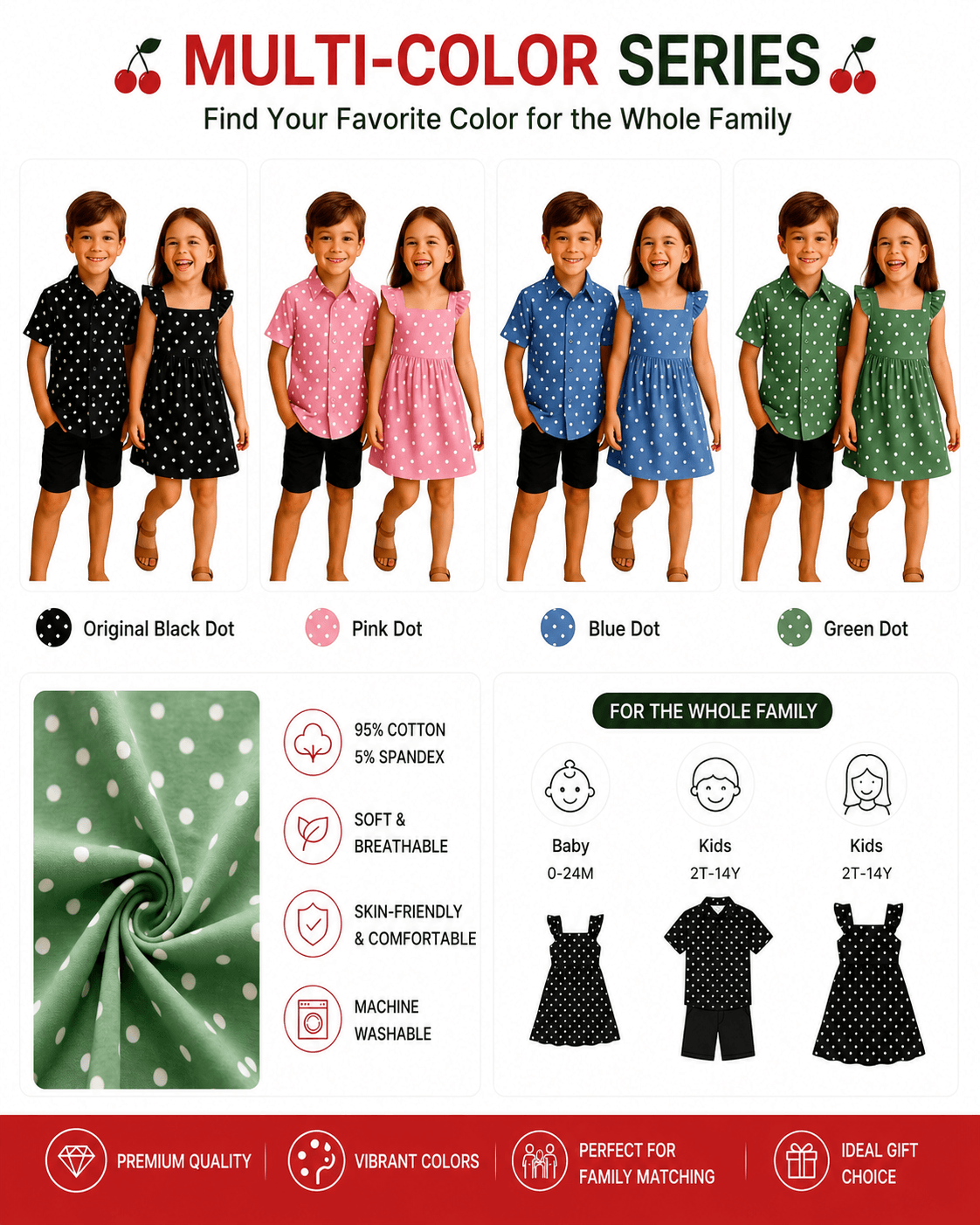 Black, pink, blue, and green polka dot sibling matching outfit options