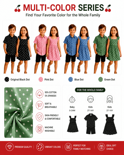 Black, pink, blue, and green polka dot sibling matching outfit options