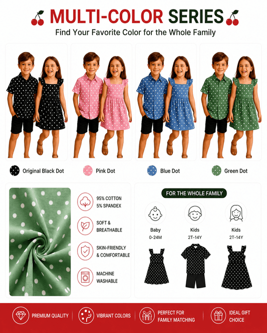 Black, pink, blue, and green polka dot sibling matching outfit options
