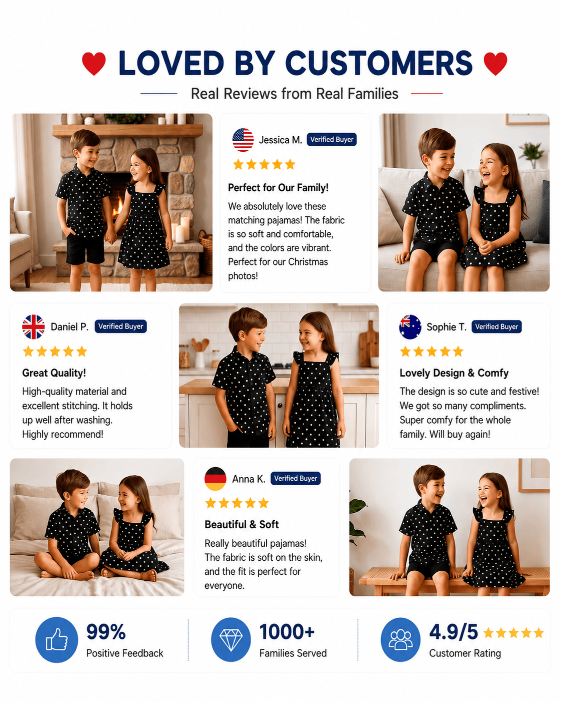 Customer review collage featuring black polka dot sibling matching outfits