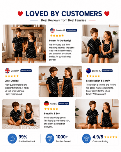 Customer review collage featuring black polka dot sibling matching outfits