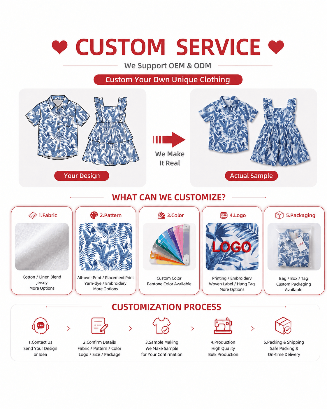 Customization options for blue palm leaf boys’ shirt, shorts and girls’ dress