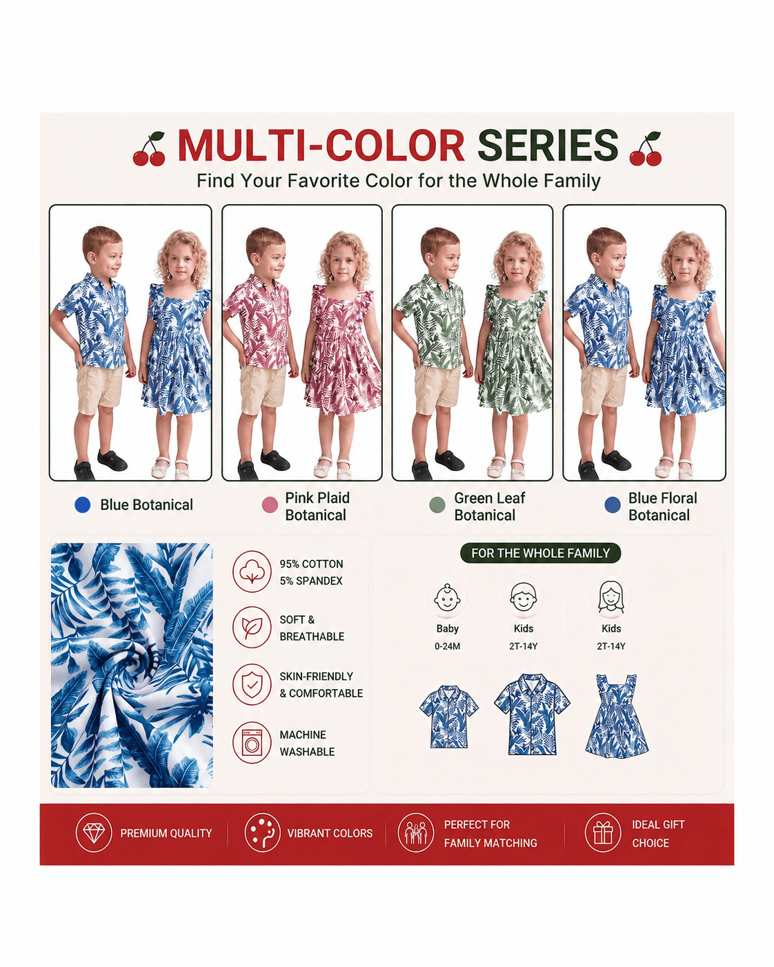 Palm leaf sibling matching outfits shown in multiple colors and print options
