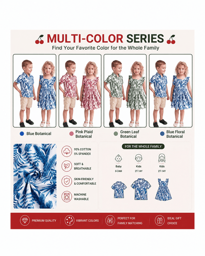 Palm leaf sibling matching outfits shown in multiple colors and print options
