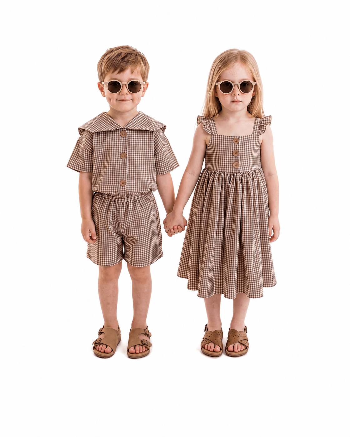 Boy and girl wearing brown gingham sibling matching outfits