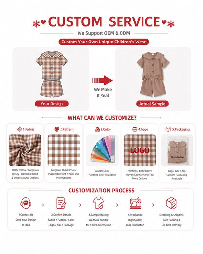 OEM and ODM options for brown gingham boys’ outfit and girls’ dress